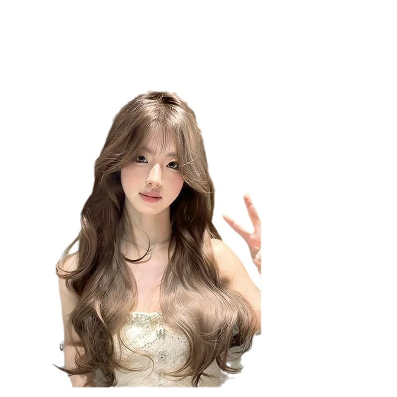 Peruca femenina leche té gris marrón ondas diarias sensación de cabello rizado largo cubierta de cabeza