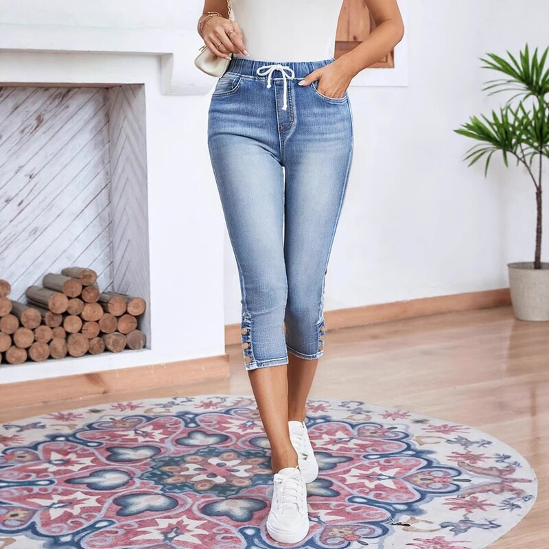 Cross-Border Exclusive Supply for Amazon Independent Sites: European and American Women's Fashion Jeans, Elastic Waist Drawstring Stretch Jeans, Women's Hot Pants
