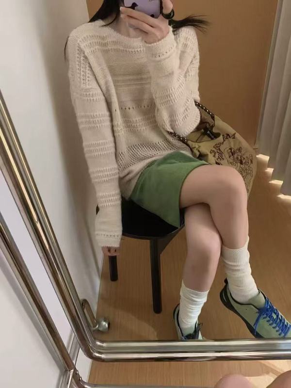 早秋宽松百搭慵懒针织罩衫马海毛设计感镂空提花圆领套头针织衫女|undefined