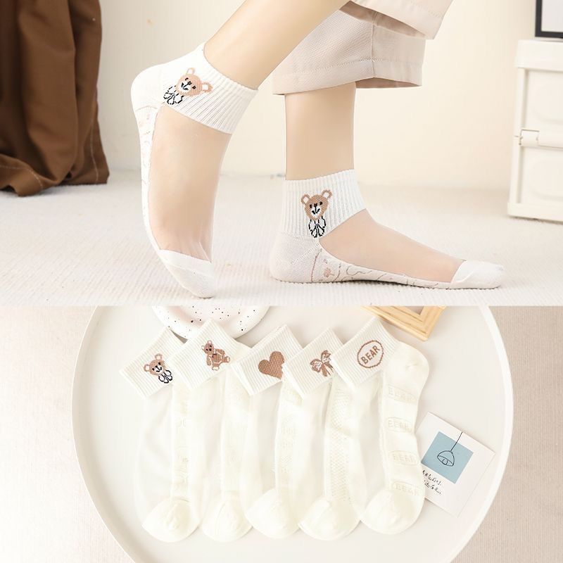 Women's Short Socks with Cotton Soles, Glass Silk, Hollow Crystal Silk, Cartoon Bear Design, Versatile and Non-Slip