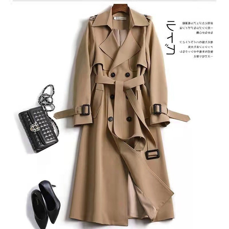 Áo khoác gió nữ dáng trung bình dài qua gối, tay dài, cổ polo, phong cách thanh lịch — Khaki [Lớp lót màu trơn], Lớp lót kẻ sọc kaki, Lớp lót kẻ sọc màu trắng nhạt, Lớp lót kẻ sọc màu xanh hải quân