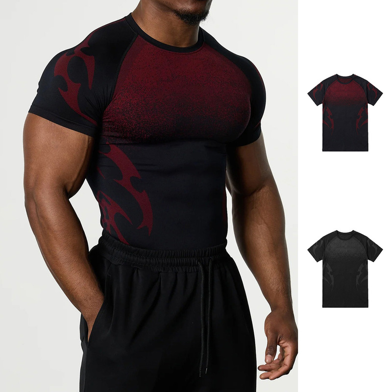 New Amazon foreign trade muscle fitness printed men's sportswear quick-dry elastic tight-fitting round-neck short-sleeve T-shirt New Amazon foreign trade muscle fitness printed men's sportswear quick-dry elastic tight-fitting round-neck short-sleeve T-shirt