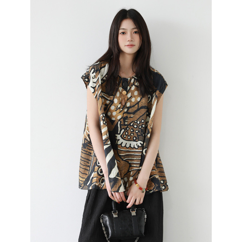 Niche Designer Abstract Print Flutter Sleeve Top for Women, Summer Loose Fit, Slimming Tencel Cotton Linen Blouse