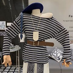 韩版复古慵懒风条纹圆领系带收腰设计感百搭宽松减龄针织上衣女