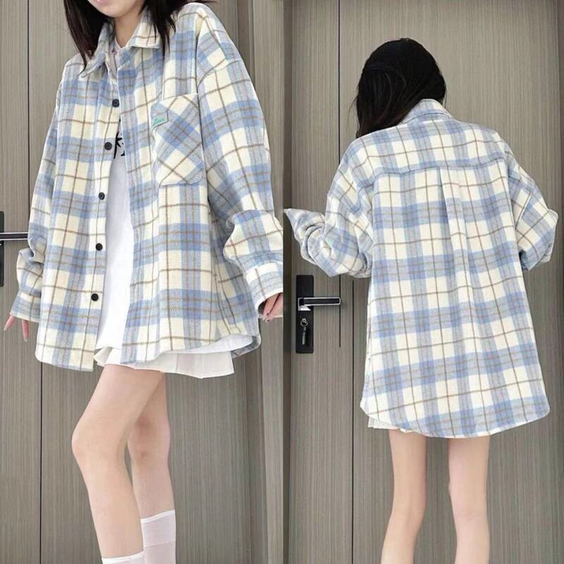 Spring and Autumn Green Long-Sleeved Plaid Shirt, New Korean Style Lazy Style Loose Lapel Shirt Design Jacket for Women Spring and Autumn Green Long-Sleeved Plaid Shirt, New Korean Style Lazy Style Loose Lapel Shirt Design Jacket for Women