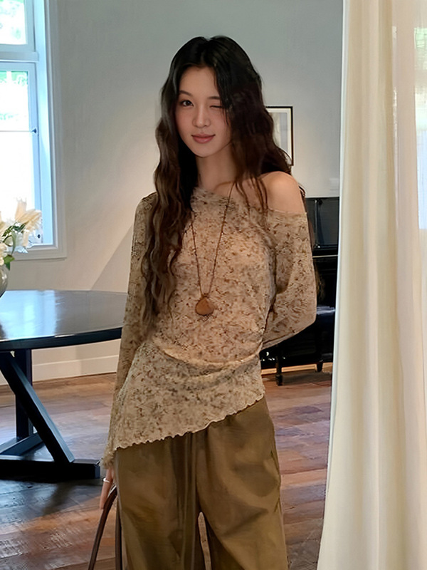 夏日绝美漂亮小上衣女2025新款漂亮绝美斜肩长袖t恤防晒罩衫薄款|undefined