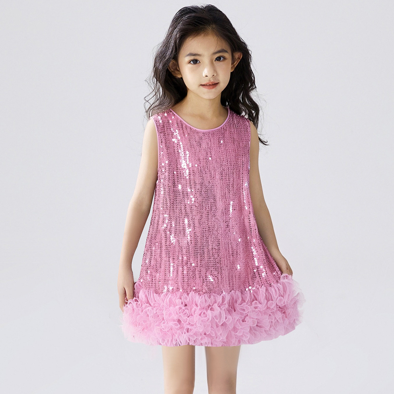 Cross-Border Hot-Selling Kidsren's Sequin Dress New Style Girls' Tutu Dress Skirt Mesh Skirt Kidsren's Vest Dress