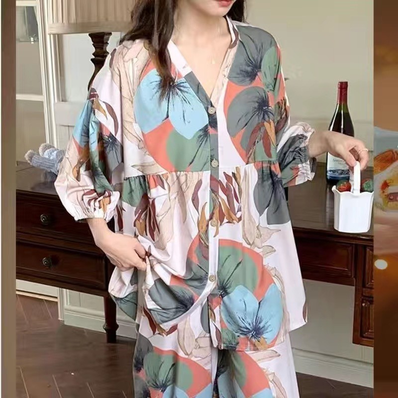 Cross-Border Russian Popular Pajamas Women's Fashion Casual Ins Three-Quarter Sleeve Spring, Summer and Autum Home Clothes Two-Piece Set