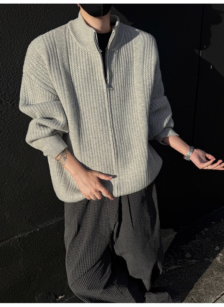 Men's Stand Collar Knit Cardigan Oversized Pullover Sweater_voghion.com