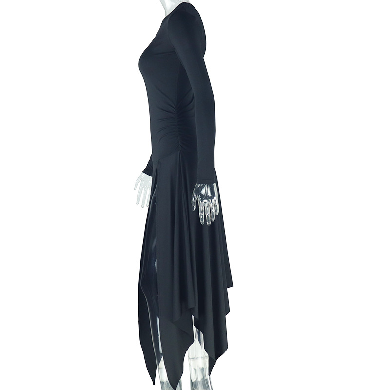 Personality Slim Fit Solid Color Women Asymmetric dress Shoulder off Shoulder Collar Long Sleeve Mid Length Dress