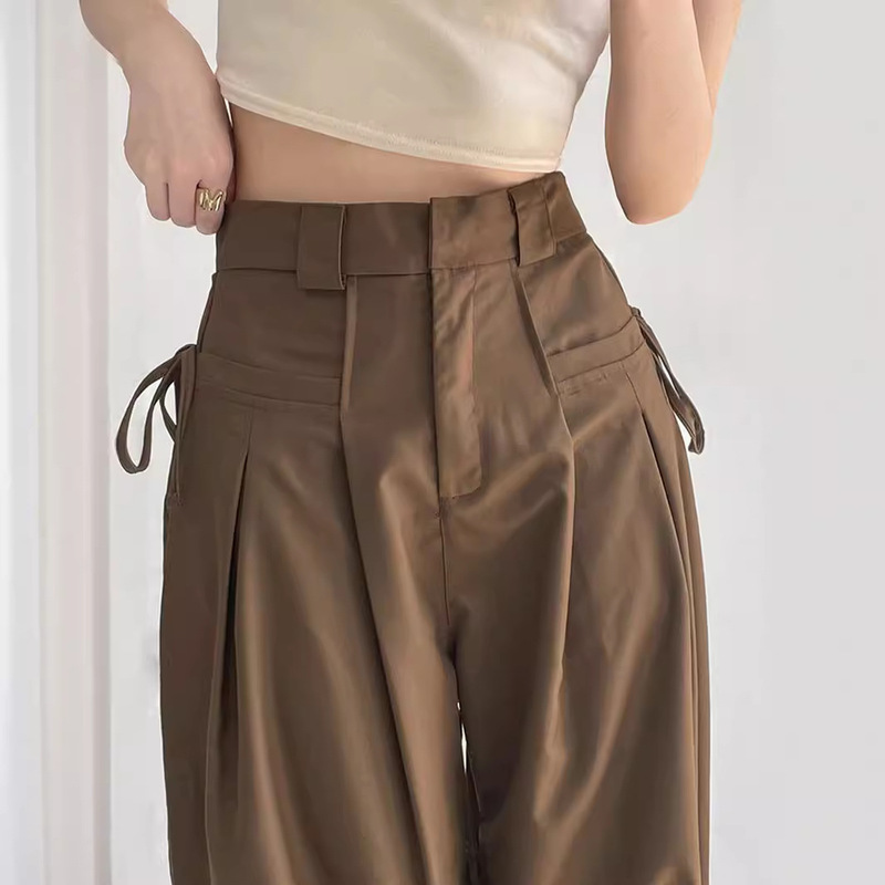 khaki High Waist Narrow Wide Leg Pants Women's Summer Straight Tooling Casual Pants Dosing-feeling Western Pants Long Pants khaki High Waist Narrow Wide Leg Pants Women's Summer Straight Tooling Casual Pants Dosing-feeling Western Pants Long Pants