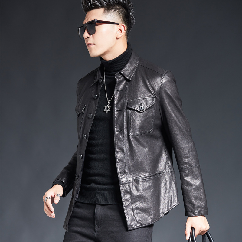 Haining Genuine Leather Jacket Men's Motorcycle Jacket Thin Slim Handsome Shirt Trendyy Casual Sheepskin Outwear Spring & Fall