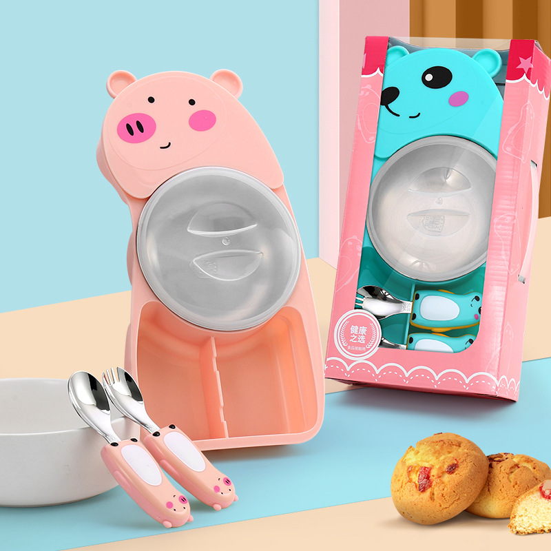 304 Stainless Steel Cartoon Baby Food Supplementary Lunch Box Piglet Bowl Gift Box Children's Diage Plate Bowl Maternal and Baby Store
