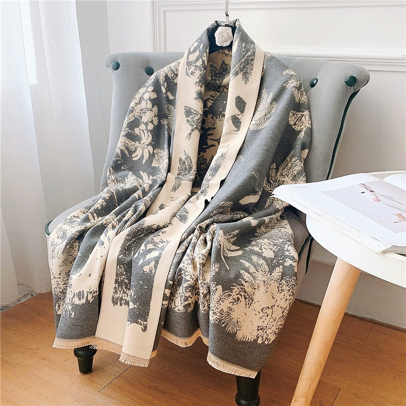 Ethnic cartoon keep warm demi-season scarf, cloak made of faux fur with tassels, ethnic style, print, increased thickness