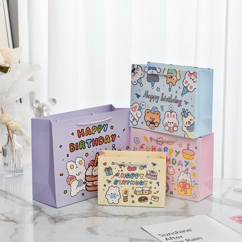 横版可爱卡通兔子彩色手提袋礼品袋现货粉色儿童节礼品包装纸袋子