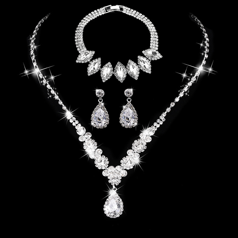 Bride Wedding Jewelry Set Three-piece Set Brilliant Rhinestone Zircon Angel Tears Drop Necklace Earrings Bracelet