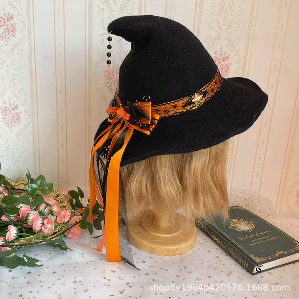 Handmade Halloween Lolita Big Bow Witch Hat Lolita Japanese Girl Lace Knitted Witch Hat