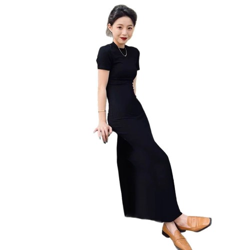 Pure Desire Sexy Slit Little Black Dress Long Dress Summer New Arrival Slimming High-Waisted Slit Reveal Leg Women's Trendy Wholesale