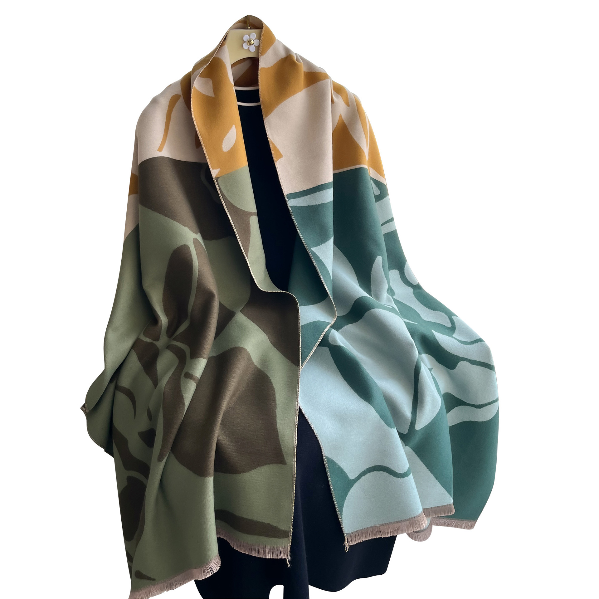 Bufanda Chal de Imitación de Cachemira Estampado de Camelia Térmica para Otoño e Invierno