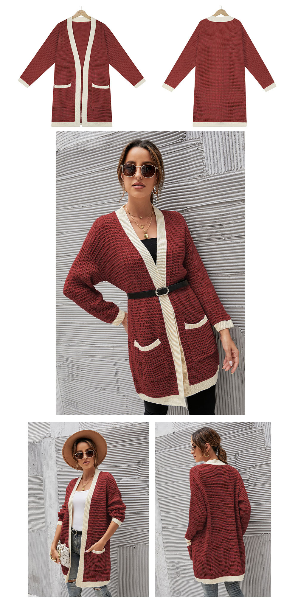 loose color matching long-sleeved knitted cardigan NSWJY137590