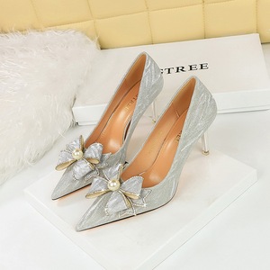 1829-AH15 European and American Fashion Banquet Women's Shoes High Heel Shoes Thin Heel High Heel Bow Rhinestone Fl