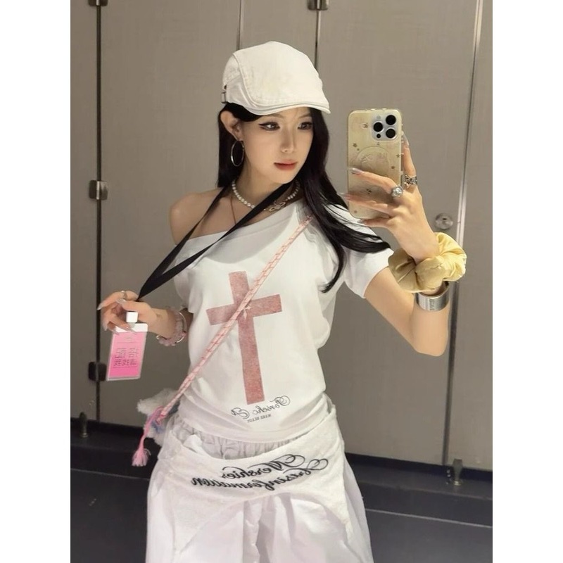 ホットガールクロスプリント斜め肩ピュアコットン半袖Tシャツレディースファッション新しいスタイル多用途イントレンドデザイン|undefined