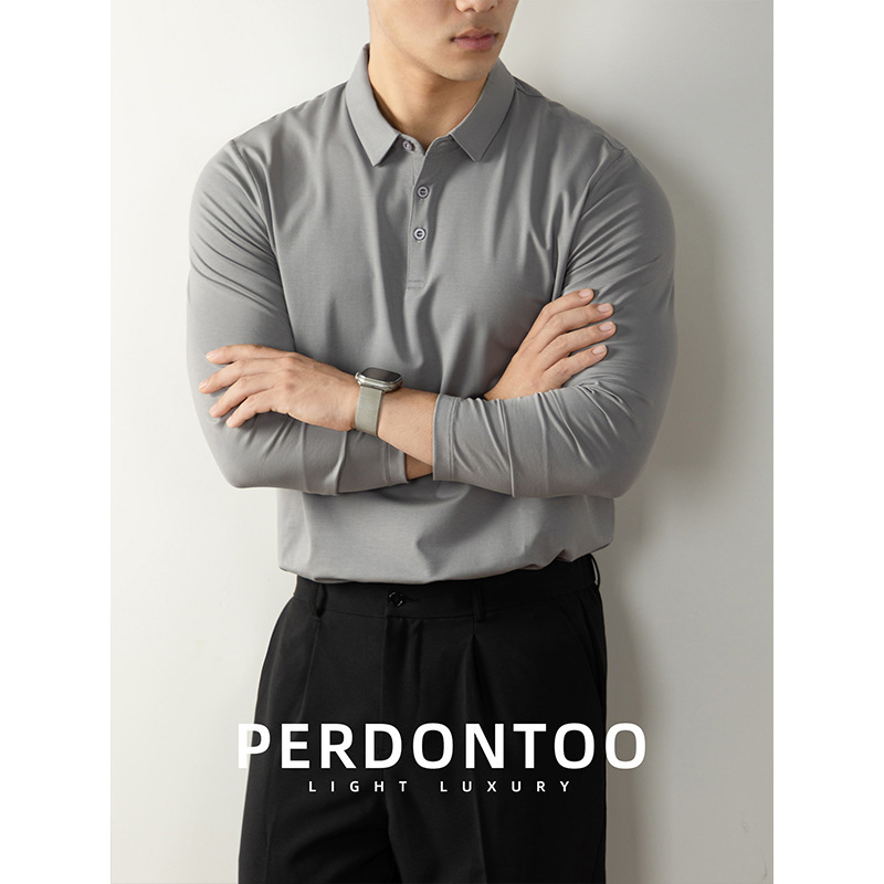 [60 Count Lenzing Modal] Light Business Polo Shirt for Men, Long-Sleeved Spring & Fall Skin-Friendly Casual Base Layer Paul Shirt