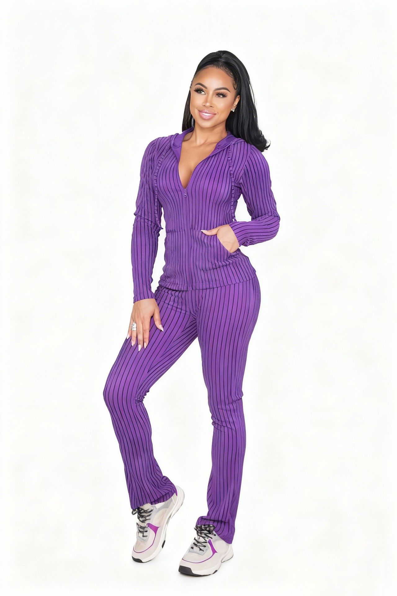 Damen Sportanzug Mit Kapuze Und Rippstrick Herbst Winter_voghion.com