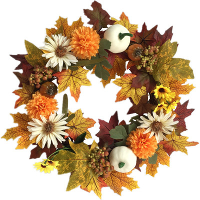 2021万圣节花环仿真枫叶南瓜菊花花环浆果花圈丰收感恩节装饰门挂