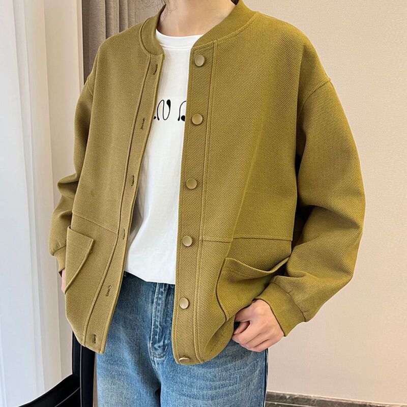 Baseball Jacket Short Coat for Women 2025 Spring and Autumn Korean Version Loose New Versatile Round Neck Solid Color Cardigan Sweatshirt
