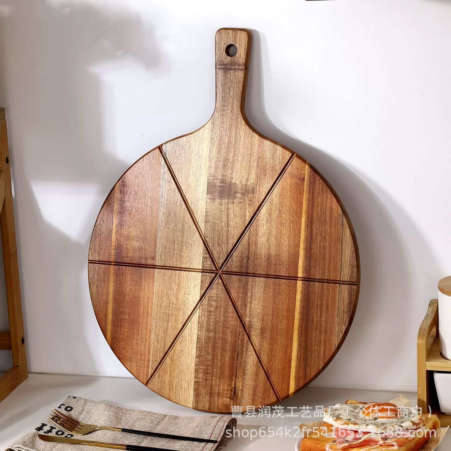 亚马逊相思木砧板带把手端菜板牛排盘圆形板芝士盘小吃托盘