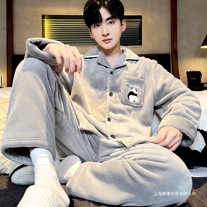Pajamas for Men in Winter Fleece-Lined and Thickeneded Flannel Warm Autumn and Winter Coral Velvet Suit Home Clothes Large Size Can Be Worn Outside