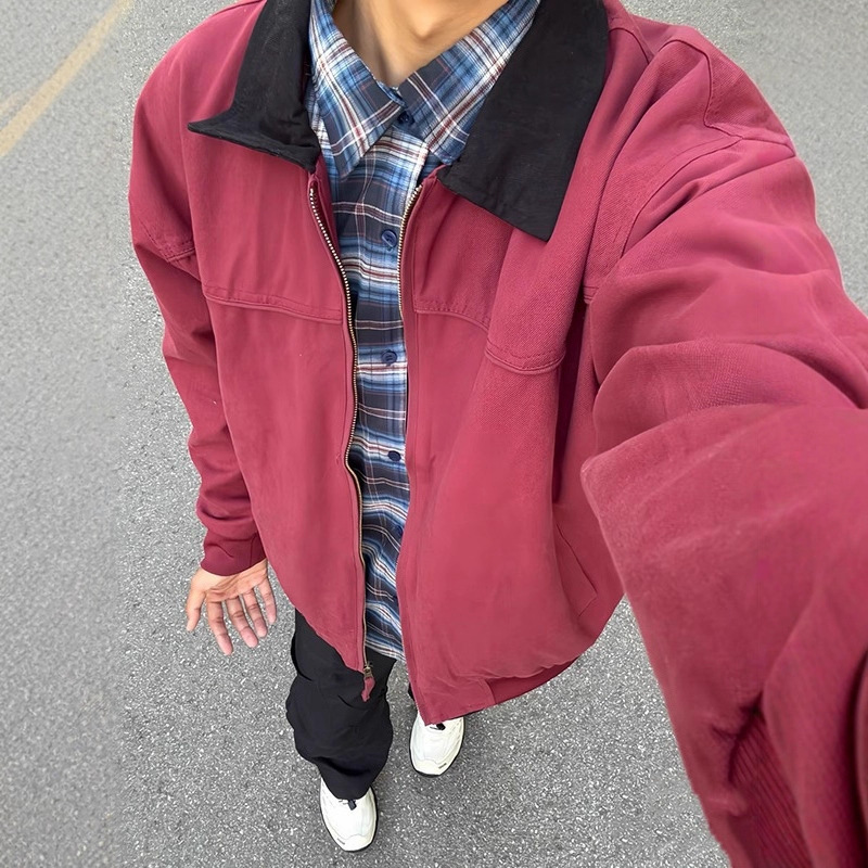 Hong Kong Style Short Pure Cotton Jacket Men's Autumn and Winter Trendy Brand Pilot Top Vintage Detroit Work Jacket