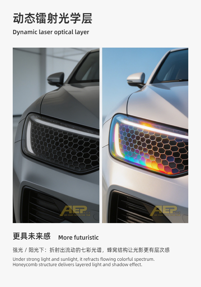 New Honeycomb Laser Light Film with High Transparency and Adhesion for Car Headlight Protection, Modified Color, Trendy, Anti-Scratch, Anti-Yellowing