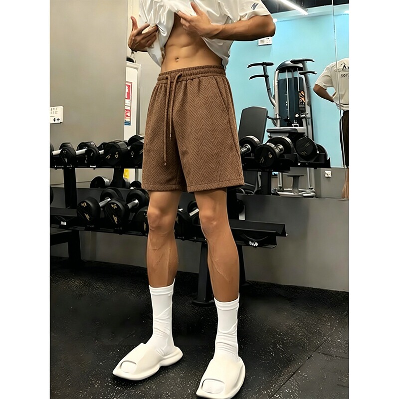 Old Money Style Relaxed Fit Sports Shorts Brown Wheat Pattern Knit Shorts Men's Summer American Retro Gym Shorts
