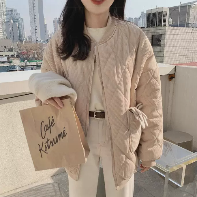 韩版港风气质 冬季新款学院风简约灯芯绒加棉宽松夹克棉服女装