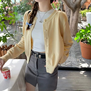 OEM针织外套开衫女秋装爆款2026新款黄色上衣薄款春秋外搭毛衣