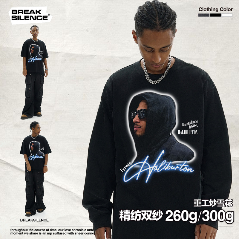 Cross-border Halliburton American-style Retro Star Printed Short-sleeved T-shirt Men's Heavy-weight Washed Old Fashion Brand Small Collar