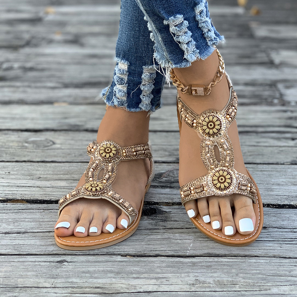 Women's Vacation Roman Style Solid Color Rhinestone Round Toe Beach Sandals display picture 20