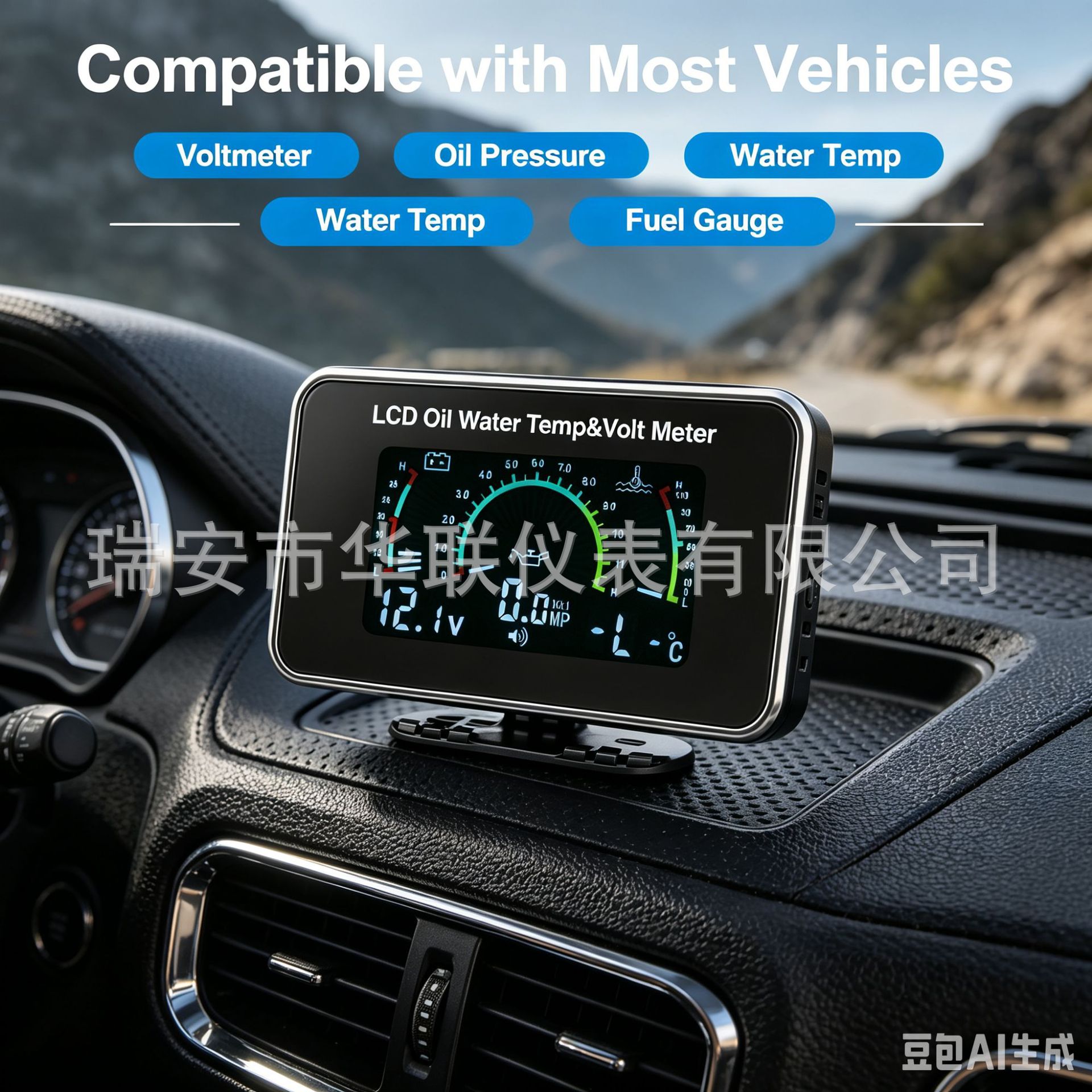 Cross-border best-selling 12V/24V universal modified LCD electronic display for cars and trucks, showing oil, water temperature, voltage, and oil level in one device