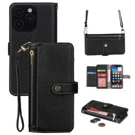 跨境适用iphone 16女士拉链钱包15手机皮套苹果17翻盖斜挎手机壳