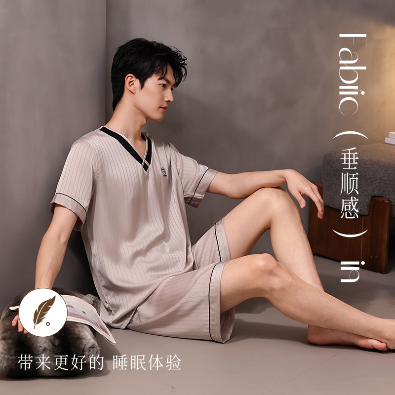 [얼음과 얼음 실크] 고급 얼음 실크 남성 잠옷 여름 반팔 시원한 대형 청소년 홈웨어 세트