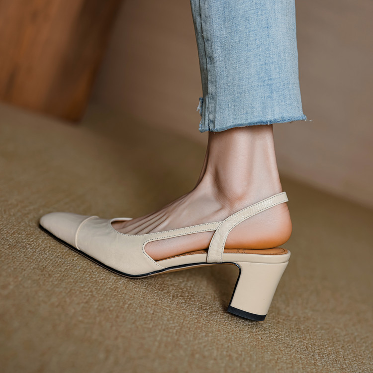 Giant soft! Sheepskin 7cm French Toe Sandals Simple All-match Soft Leather Round Toe Thick Heel High Heels Elegant Commuting
