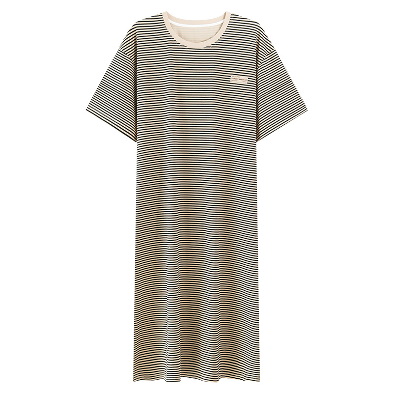 Pijama de verano de algodón de mangas cortas pijama de vestido largo bifurcado ropa de hogar suelta a rayas de gran tamaño se puede usar fuera