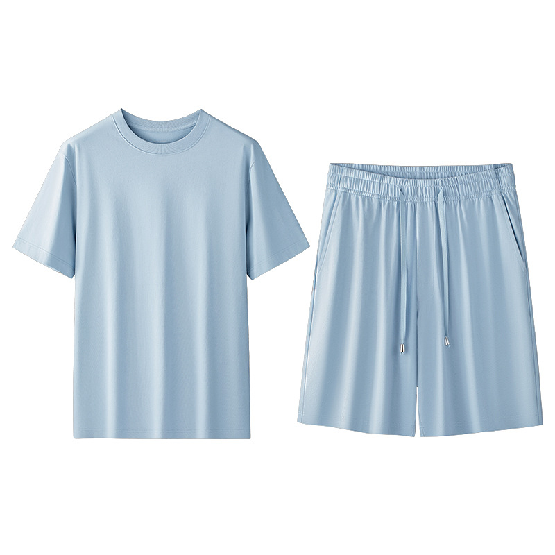 [Algodón suave de agua] Conjunto de pijamas de cuello redondo de algodón para hombre de primavera y verano, casual y transpirable, servicio a domicilio de color sólido