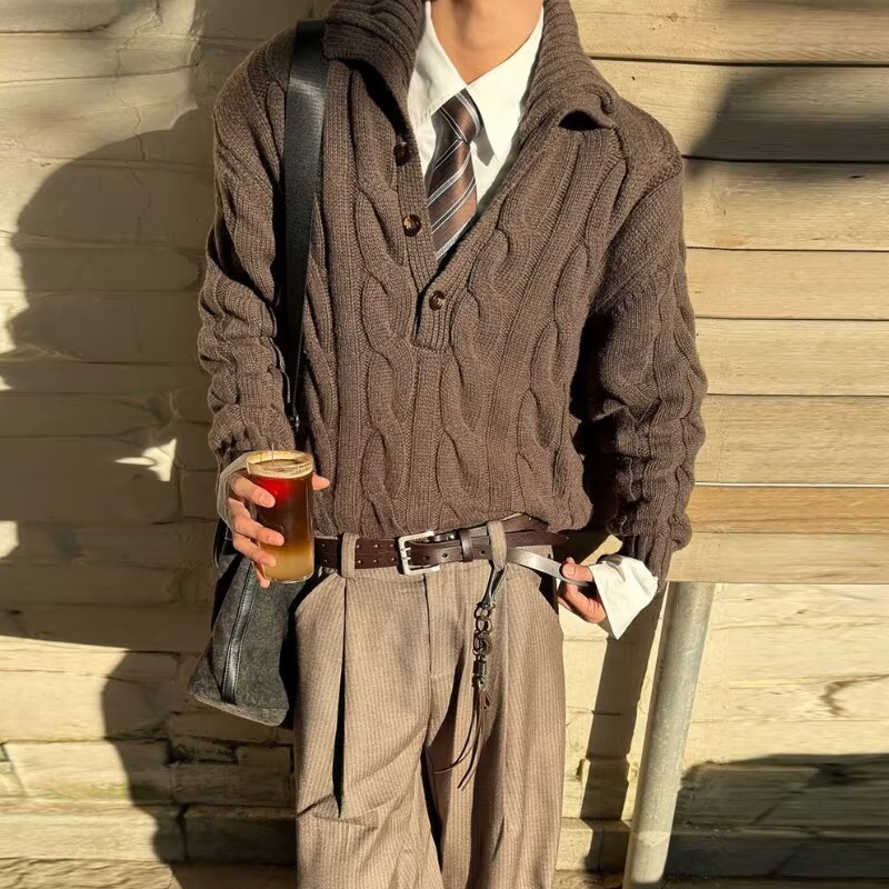 Men's Cable Knit Sweater Chunky Embossed Texture Pullover Jumper_voghion.com