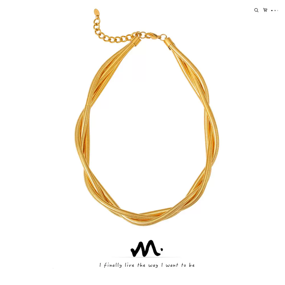 欧美风重工金色三线缠绕项圈颈链轻奢感不锈钢镀18k真金朋克项链