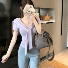 韓国系紫の肩の半袖tシャツ女性の夏のデザイン感が小さいです。