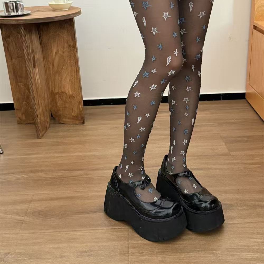 White Stockings with Blue Stars Y2K Style Fishnet Stockings for Autumn and Winter, Layered Pantyhose for Women, Bare-Leg Look