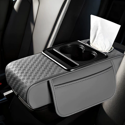 Armrest box pad – armrest box pad, multifunctional cup - embossed-gray